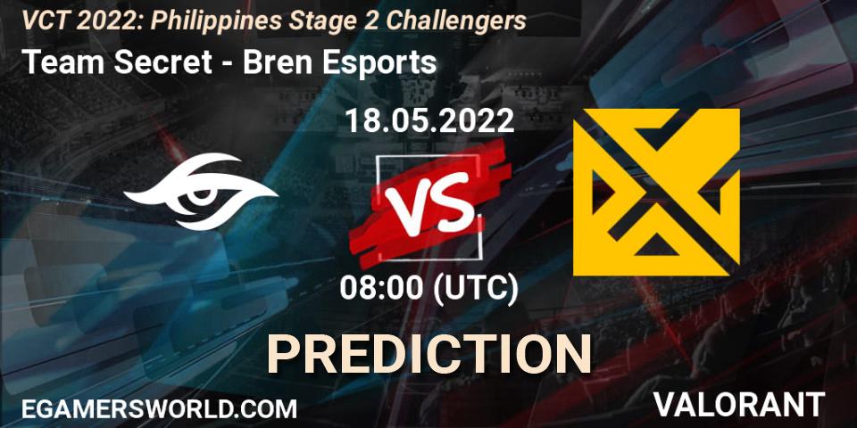 Prognose für das Spiel Team Secret VS Bren Esports. 18.05.2022 at 09:00. VALORANT - VCT 2022: Philippines Stage 2 Challengers