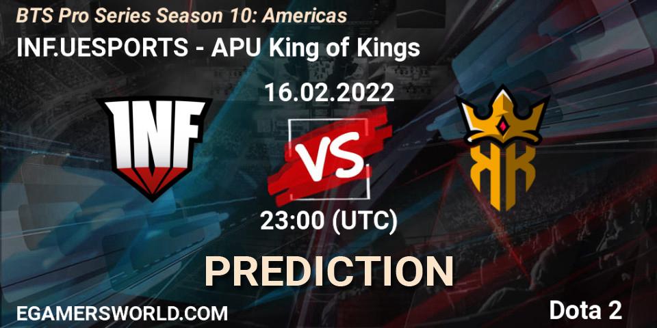 Prognose für das Spiel INF.UESPORTS VS APU King of Kings. 16.02.2022 at 23:33. Dota 2 - BTS Pro Series Season 10: Americas