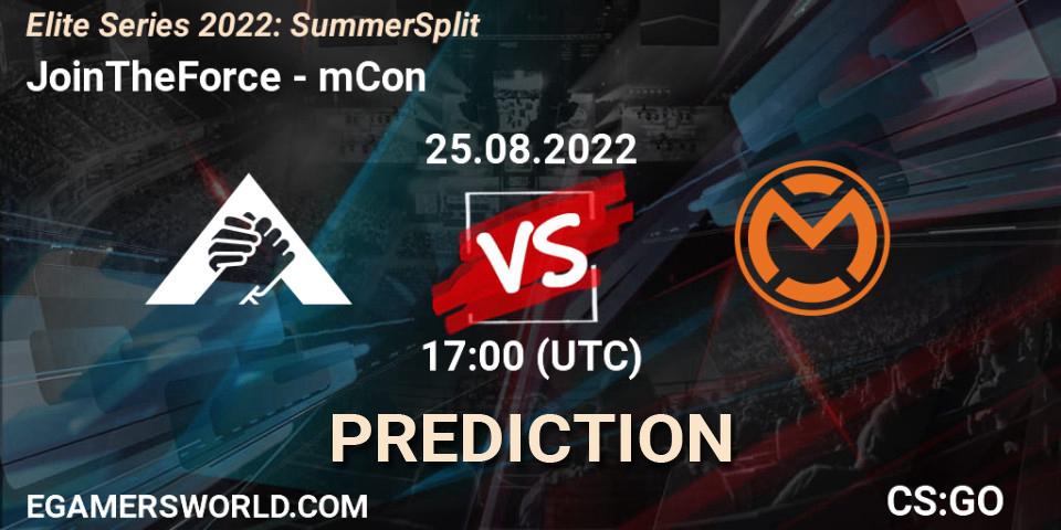 Prognose für das Spiel JoinTheForce VS mCon. 25.08.2022 at 17:00. Counter-Strike (CS2) - Elite Series 2022: Summer Split
