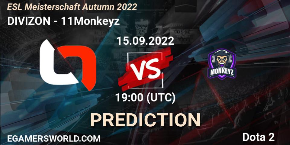 Prognose für das Spiel DIVIZON VS 11Monkeyz. 15.09.2022 at 19:18. Dota 2 - ESL Meisterschaft Autumn 2022
