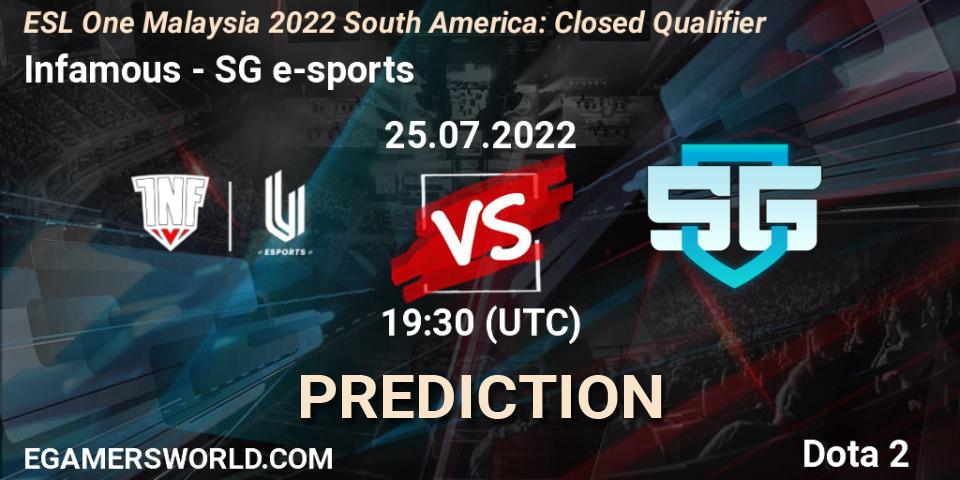 Prognose für das Spiel Infamous VS SG e-sports. 25.07.22. Dota 2 - ESL One Malaysia 2022 South America: Closed Qualifier