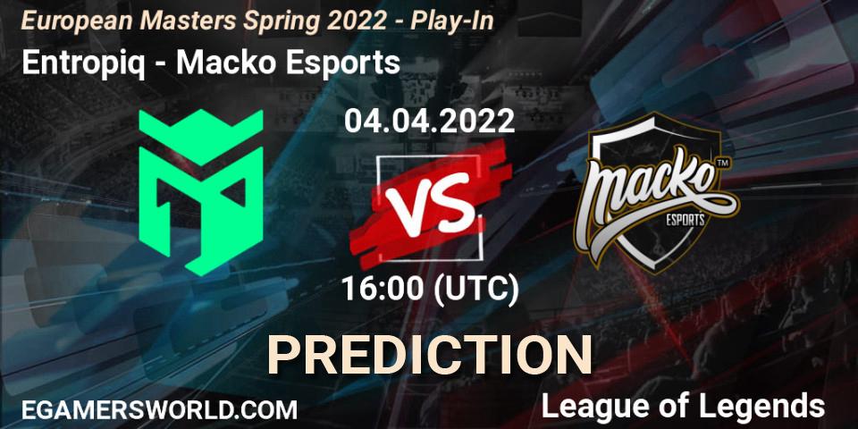Prognose für das Spiel Entropiq VS Macko Esports. 04.04.2022 at 16:00. LoL - European Masters Spring 2022 - Play-In