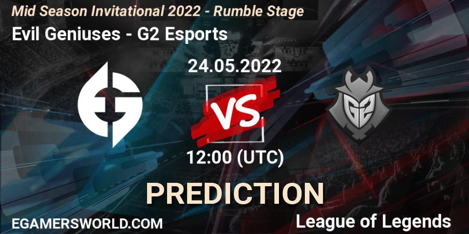 Prognose für das Spiel Evil Geniuses VS G2 Esports. 24.05.2022 at 10:00. LoL - Mid Season Invitational 2022 - Rumble Stage