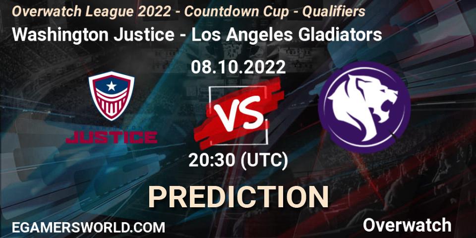 Prognose für das Spiel Washington Justice VS Los Angeles Gladiators. 08.10.2022 at 20:45. Overwatch - Overwatch League 2022 - Countdown Cup - Qualifiers