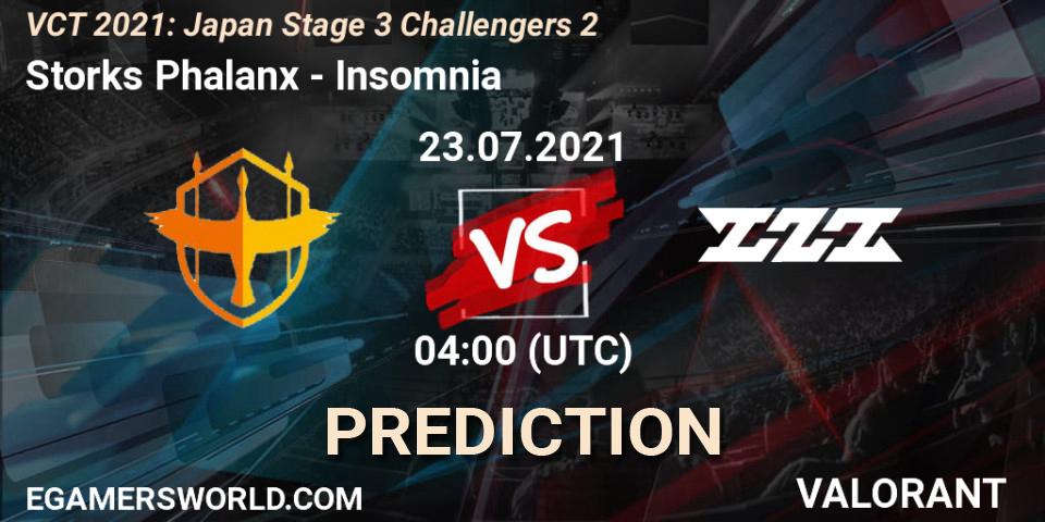 Prognose für das Spiel Storks Phalanx VS Insomnia. 23.07.2021 at 04:00. VALORANT - VCT 2021: Japan Stage 3 Challengers 2