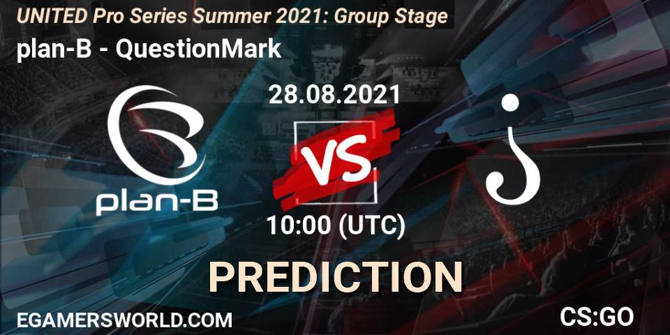 Prognose für das Spiel plan-B VS QuestionMark. 28.08.2021 at 10:00. Counter-Strike (CS2) - UNITED Pro Series Summer 2021: Group Stage
