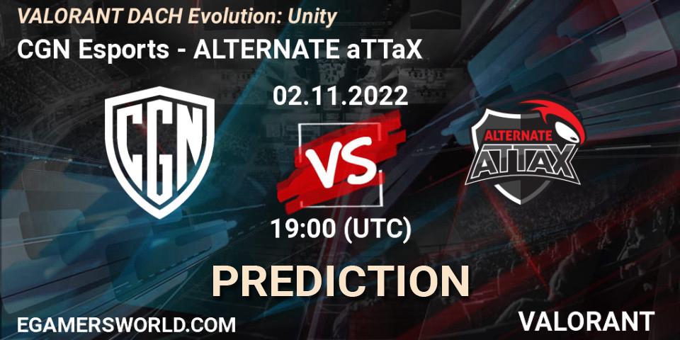 Prognose für das Spiel CGN Esports VS ALTERNATE aTTaX. 02.11.2022 at 20:15. VALORANT - VALORANT DACH Evolution: Unity