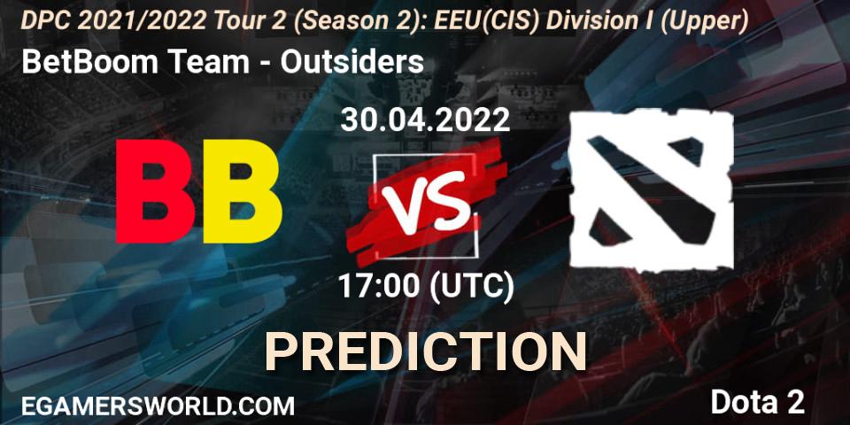 Prognose für das Spiel BetBoom Team VS Outsiders. 30.04.2022 at 17:00. Dota 2 - DPC 2021/2022 Tour 2 (Season 2): EEU(CIS) Division I (Upper)