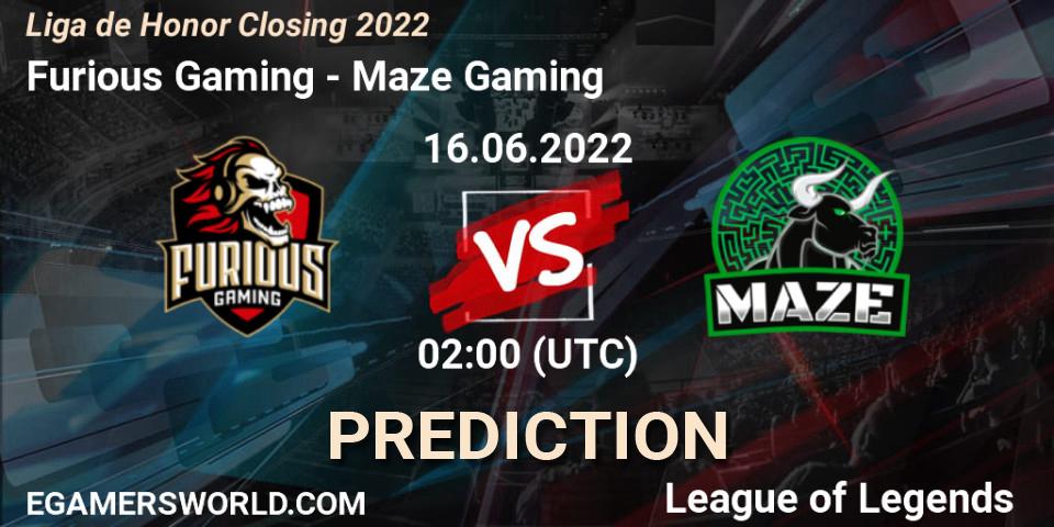 Prognose für das Spiel Furious Gaming VS Maze Gaming. 16.06.2022 at 02:00. LoL - Liga de Honor Closing 2022