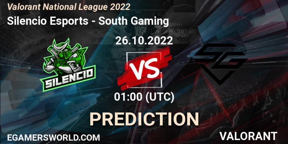 Prognose für das Spiel Silencio Esports VS South Gaming. 26.10.2022 at 01:00. VALORANT - Valorant National League 2022
