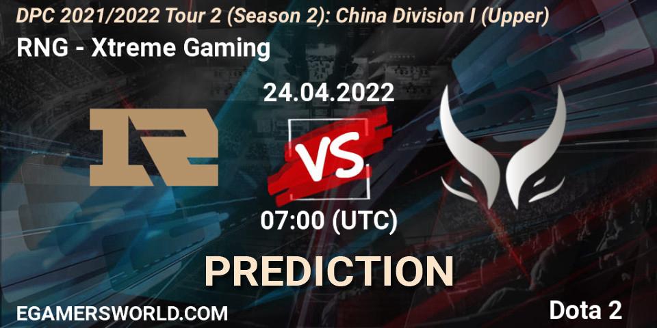Prognose für das Spiel RNG VS Xtreme Gaming. 24.04.2022 at 07:03. Dota 2 - DPC 2021/2022 Tour 2 (Season 2): China Division I (Upper)