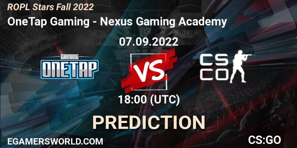 Prognose für das Spiel OneTap Gaming VS Nexus Gaming Academy. 07.09.2022 at 18:00. Counter-Strike (CS2) - ROPL Stars Fall 2022