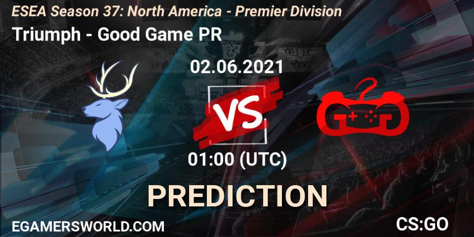 Prognose für das Spiel Triumph VS Good Game PR. 02.06.2021 at 01:00. Counter-Strike (CS2) - ESEA Season 37: North America - Premier Division