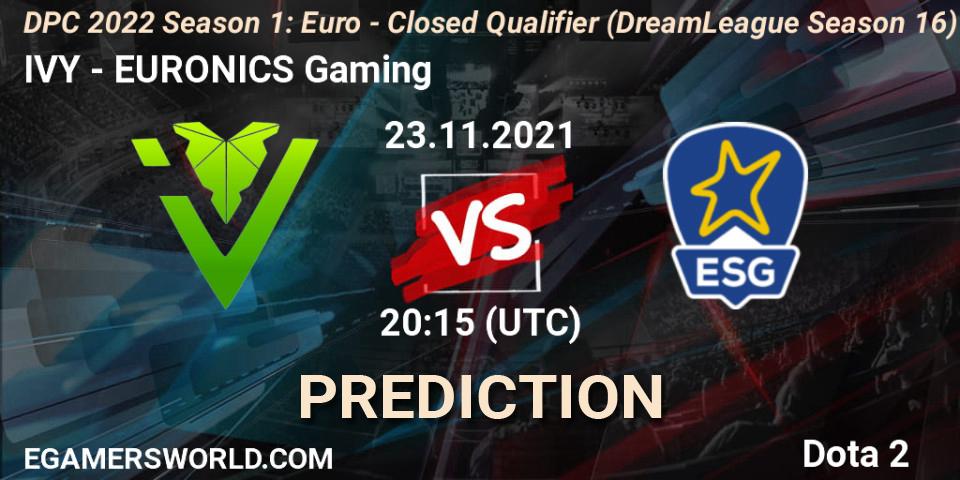 Prognose für das Spiel IVY VS EURONICS Gaming. 23.11.2021 at 20:29. Dota 2 - DPC 2022 Season 1: Euro - Closed Qualifier (DreamLeague Season 16)