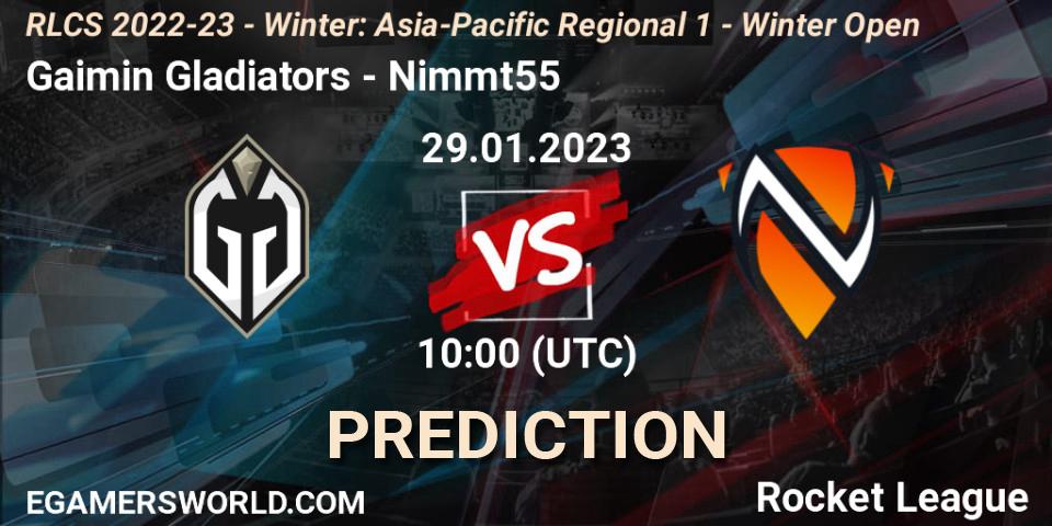 Prognose für das Spiel Gaimin Gladiators VS Nimmt55. 29.01.2023 at 10:00. Rocket League - RLCS 2022-23 - Winter: Asia-Pacific Regional 1 - Winter Open