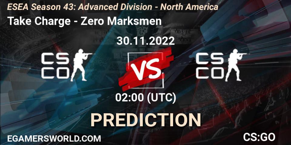 Prognose für das Spiel Take Charge VS Zero Marksmen. 30.11.2022 at 02:00. Counter-Strike (CS2) - ESEA Season 43: Advanced Division - North America