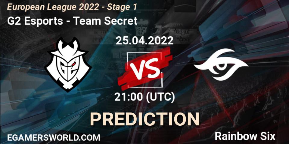 Prognose für das Spiel G2 Esports VS Team Secret. 25.04.2022 at 19:45. Rainbow Six - European League 2022 - Stage 1