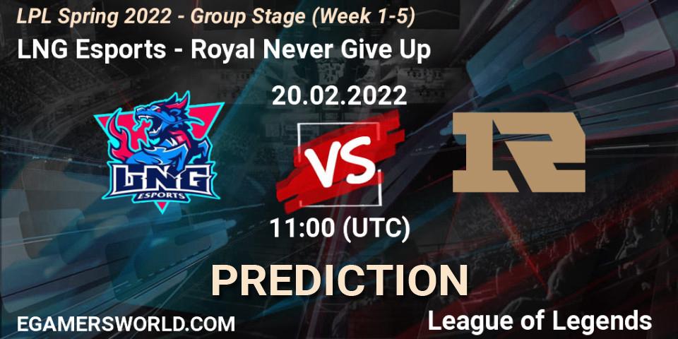 Prognose für das Spiel LNG Esports VS Royal Never Give Up. 20.02.22. LoL - LPL Spring 2022 - Group Stage (Week 1-5)