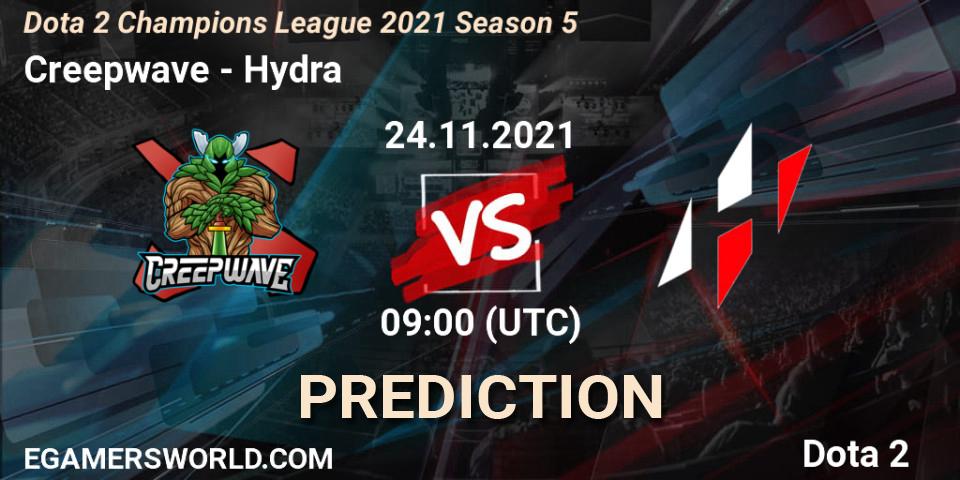 Prognose für das Spiel Creepwave VS Hydra. 24.11.2021 at 18:04. Dota 2 - Dota 2 Champions League 2021 Season 5