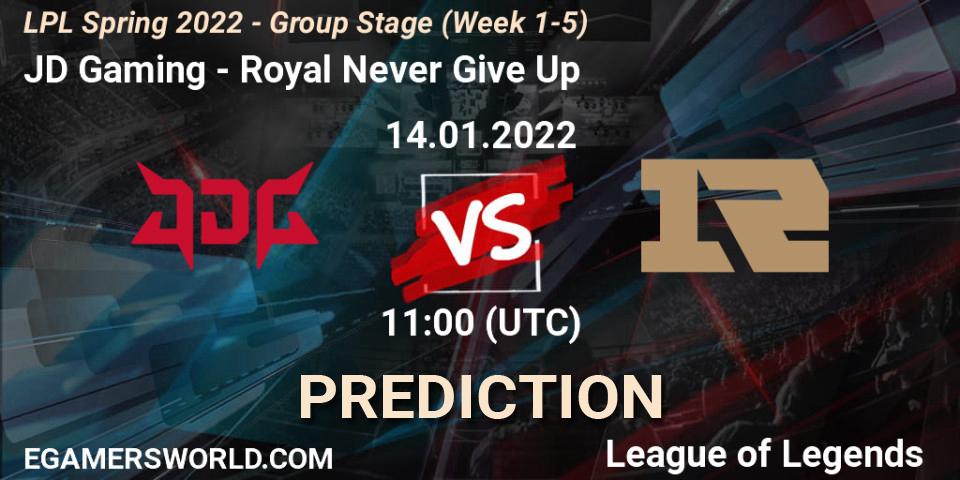 Prognose für das Spiel JD Gaming VS Royal Never Give Up. 14.01.2022 at 11:30. LoL - LPL Spring 2022 - Group Stage (Week 1-5)