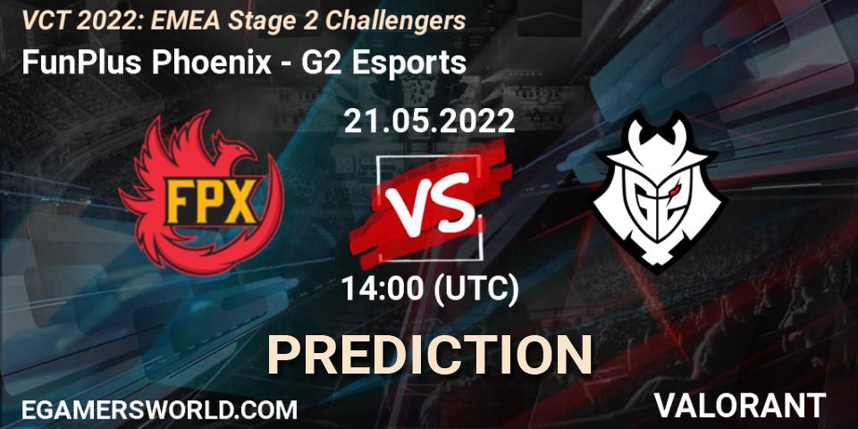 Prognose für das Spiel FunPlus Phoenix VS G2 Esports. 21.05.2022 at 14:00. VALORANT - VCT 2022: EMEA Stage 2 Challengers