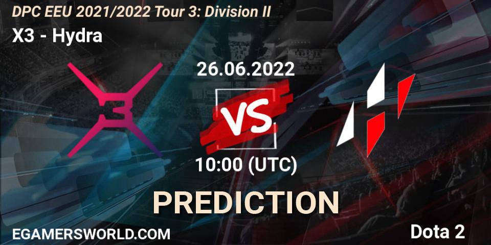 Prognose für das Spiel X3 VS Hydra. 26.06.22. Dota 2 - DPC EEU 2021/2022 Tour 3: Division II