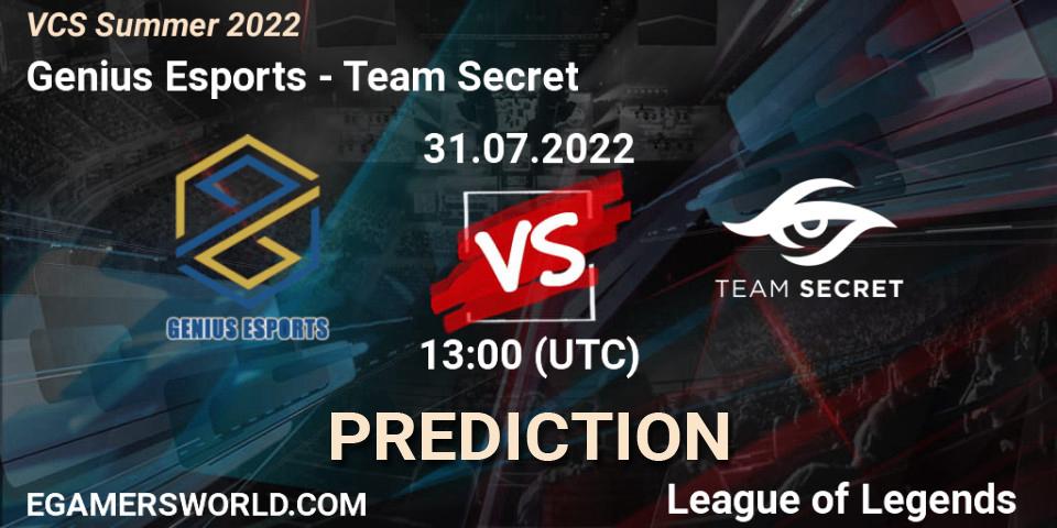 Prognose für das Spiel Genius Esports VS Team Secret. 31.07.2022 at 12:00. LoL - VCS Summer 2022