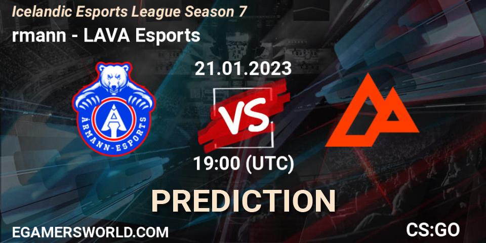 Prognose für das Spiel Ármann VS LAVA Esports. 21.01.2023 at 19:00. Counter-Strike (CS2) - Icelandic Esports League Season 7