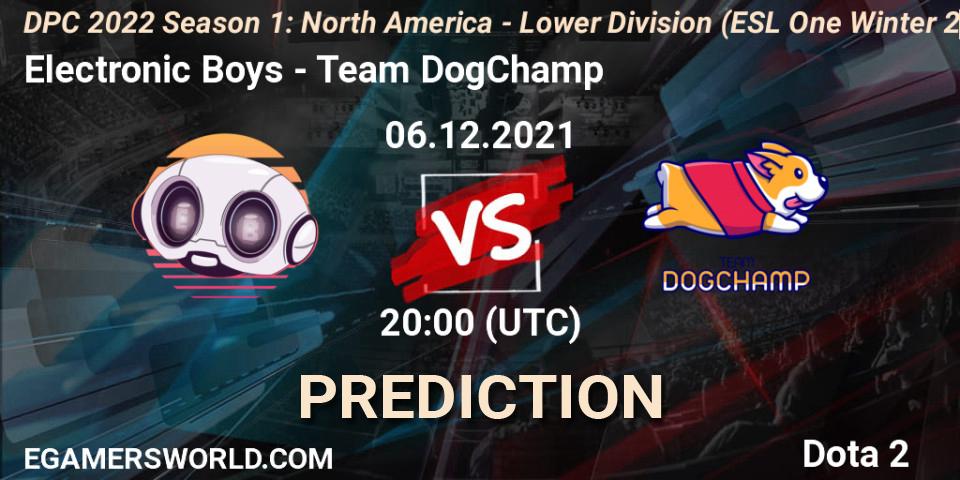 Prognose für das Spiel Electronic Boys VS Team DogChamp. 06.12.2021 at 19:57. Dota 2 - DPC 2022 Season 1: North America - Lower Division (ESL One Winter 2021)