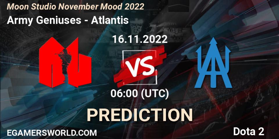 Prognose für das Spiel Army Geniuses VS Atlantis. 16.11.22. Dota 2 - Moon Studio November Mood 2022
