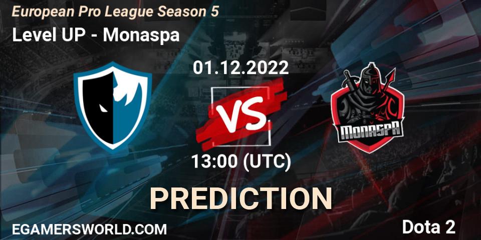 Prognose für das Spiel Level UP VS Monaspa. 01.12.22. Dota 2 - European Pro League Season 5