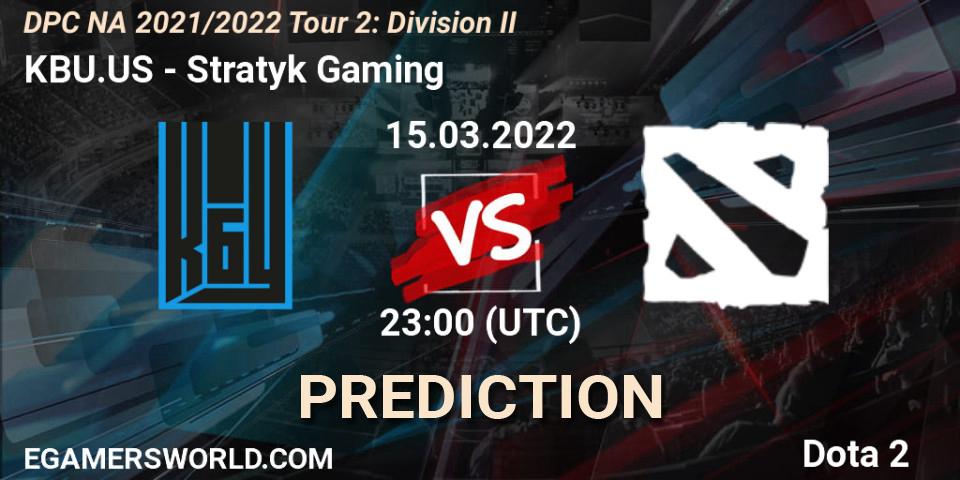 Prognose für das Spiel KBU.US VS Stratyk Gaming. 15.03.2022 at 23:00. Dota 2 - DP 2021/2022 Tour 2: NA Division II (Lower) - ESL One Spring 2022