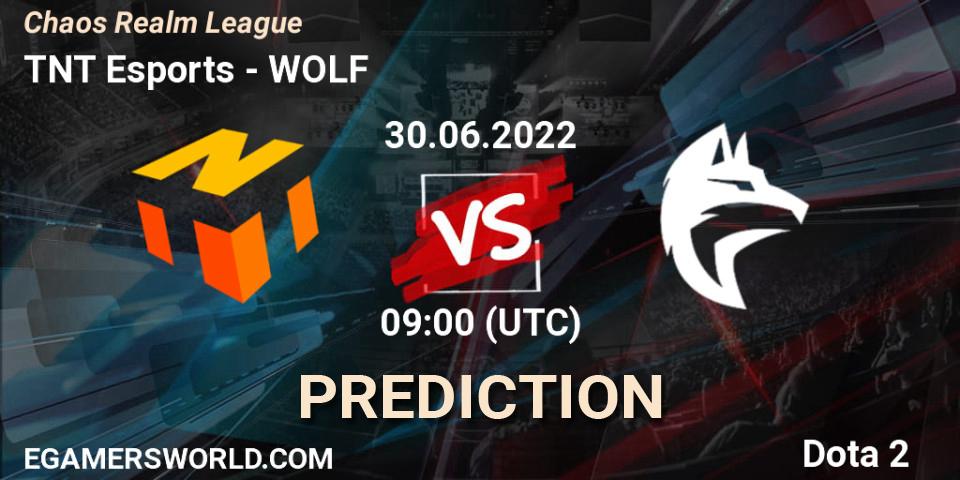 Prognose für das Spiel TNT Esports VS WOLF. 30.06.2022 at 09:00. Dota 2 - Chaos Realm League 