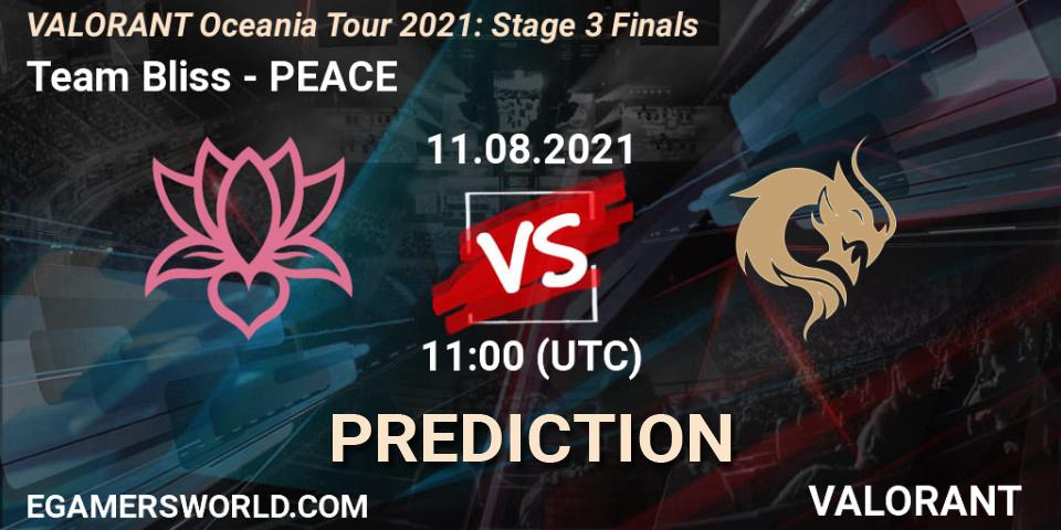 Prognose für das Spiel Team Bliss VS PEACE. 11.08.2021 at 11:00. VALORANT - VALORANT Oceania Tour 2021: Stage 3 Finals
