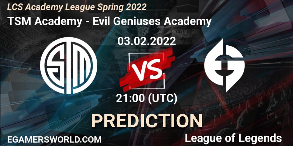 Prognose für das Spiel TSM Academy VS Evil Geniuses Academy. 03.02.2022 at 21:00. LoL - LCS Academy League Spring 2022