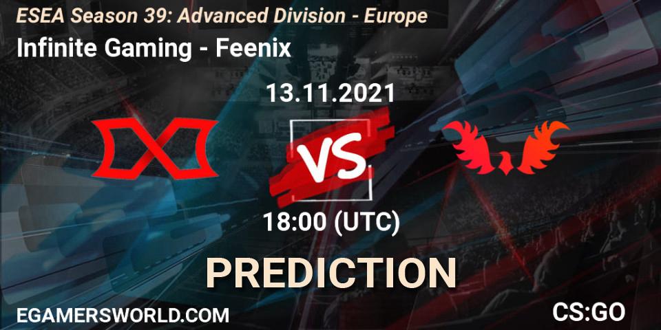 Prognose für das Spiel Infinite Gaming VS Feenix. 13.11.2021 at 18:00. Counter-Strike (CS2) - ESEA Season 39: Advanced Division - Europe