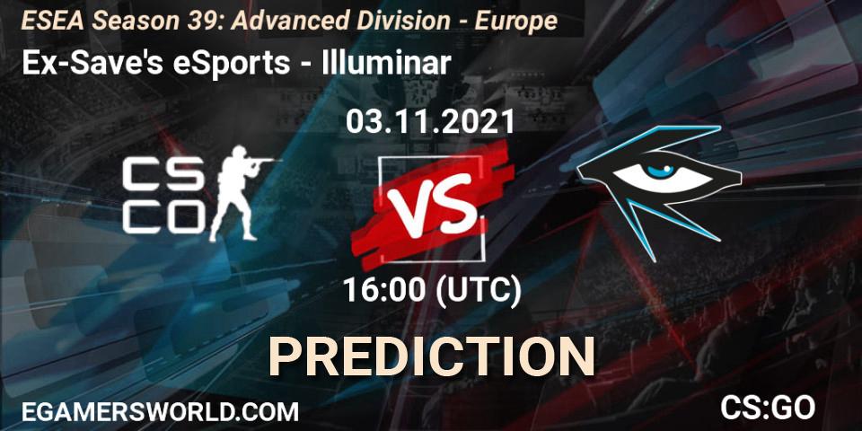Prognose für das Spiel Ex-Save's eSports VS Illuminar. 03.11.2021 at 16:00. Counter-Strike (CS2) - ESEA Season 39: Advanced Division - Europe