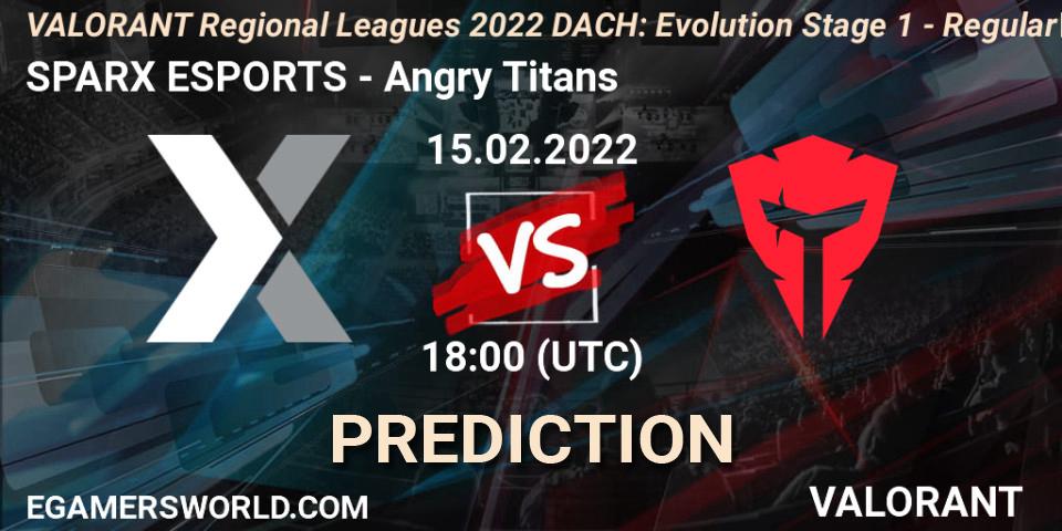 Prognose für das Spiel SPARX ESPORTS VS Angry Titans. 15.02.2022 at 18:00. VALORANT - VALORANT Regional Leagues 2022 DACH: Evolution Stage 1 - Regular Season