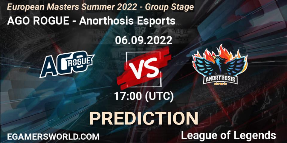 Prognose für das Spiel AGO ROGUE VS Anorthosis Esports. 06.09.2022 at 17:00. LoL - European Masters Summer 2022 - Group Stage