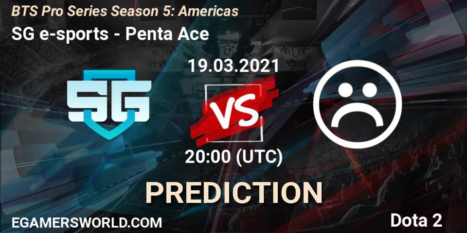 Prognose für das Spiel SG e-sports VS Penta Ace. 19.03.2021 at 20:20. Dota 2 - BTS Pro Series Season 5: Americas