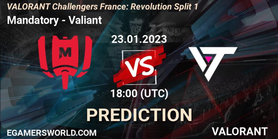 Prognose für das Spiel Mandatory VS Valiant. 23.01.2023 at 18:00. VALORANT - VALORANT Challengers 2023 France: Revolution Split 1