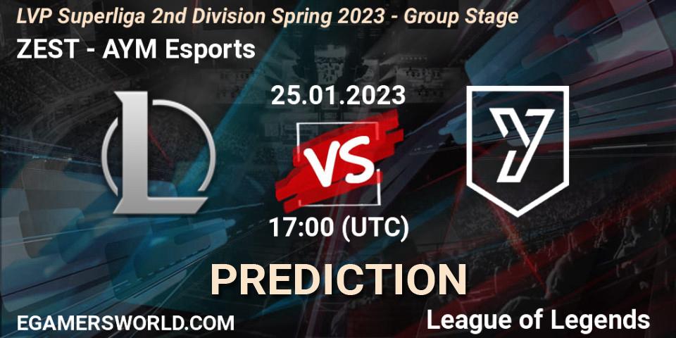 Prognose für das Spiel ZEST VS AYM Esports. 25.01.2023 at 17:00. LoL - LVP Superliga 2nd Division Spring 2023 - Group Stage