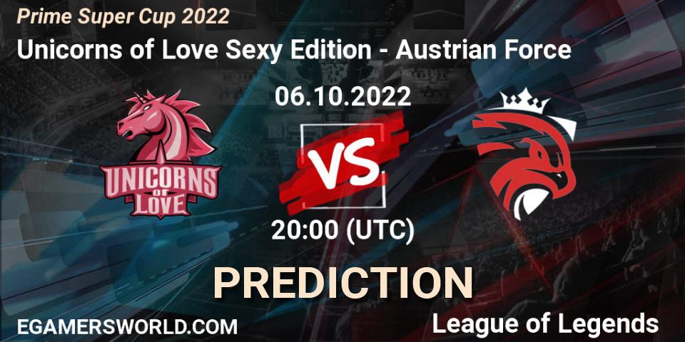 Prognose für das Spiel Unicorns of Love Sexy Edition VS Austrian Force. 06.10.2022 at 20:00. LoL - Prime Super Cup 2022