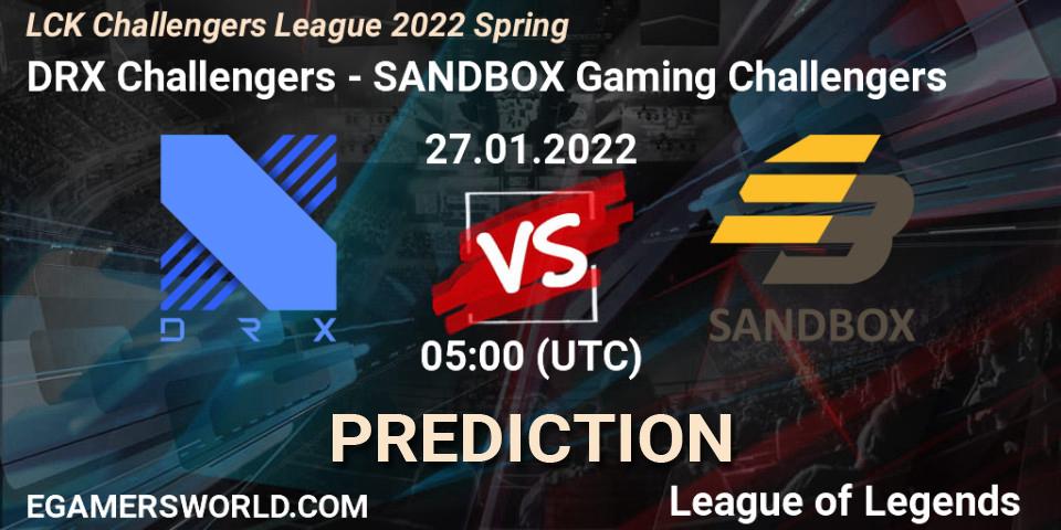 Prognose für das Spiel DRX Challengers VS SANDBOX Gaming Challengers. 27.01.2022 at 05:00. LoL - LCK Challengers League 2022 Spring
