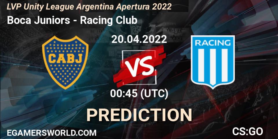 Prognose für das Spiel Boca Juniors VS Racing Club. 04.05.2022 at 00:45. Counter-Strike (CS2) - LVP Unity League Argentina Apertura 2022