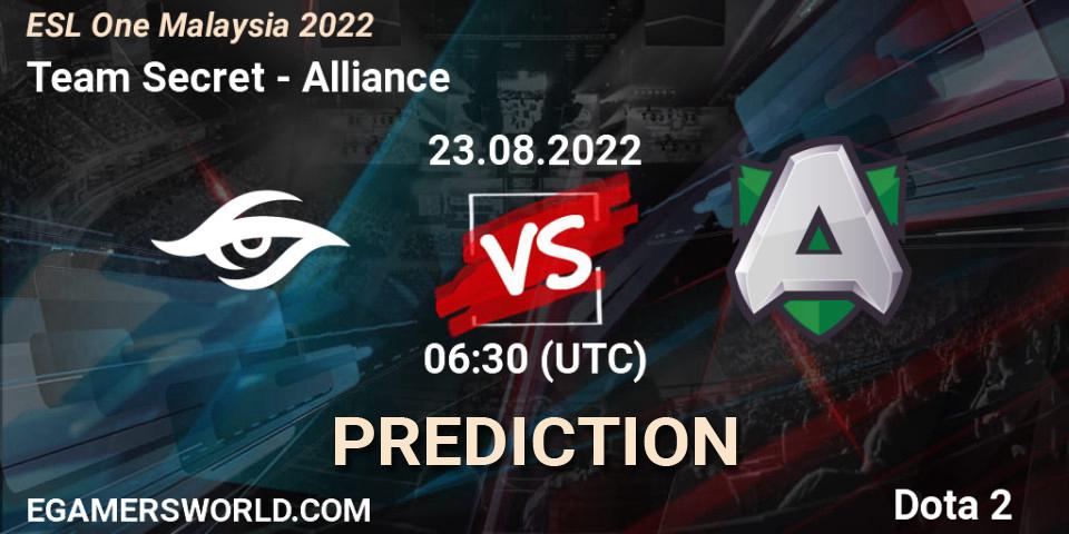 Prognose für das Spiel Team Secret VS Alliance. 23.08.2022 at 06:30. Dota 2 - ESL One Malaysia 2022