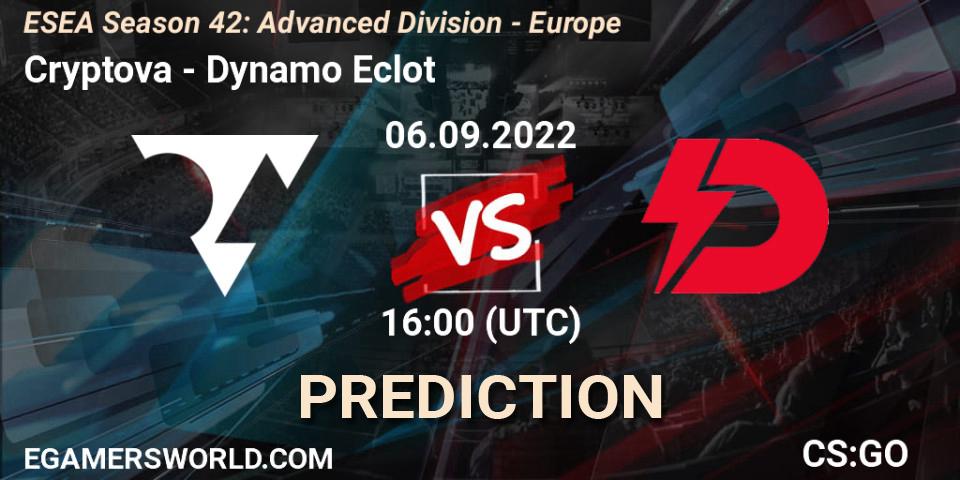 Prognose für das Spiel Cryptova VS Dynamo Eclot. 06.09.2022 at 16:00. Counter-Strike (CS2) - ESEA Season 42: Advanced Division - Europe
