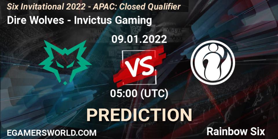 Prognose für das Spiel Dire Wolves VS Invictus Gaming. 09.01.2022 at 05:00. Rainbow Six - Six Invitational 2022 - APAC: Closed Qualifier