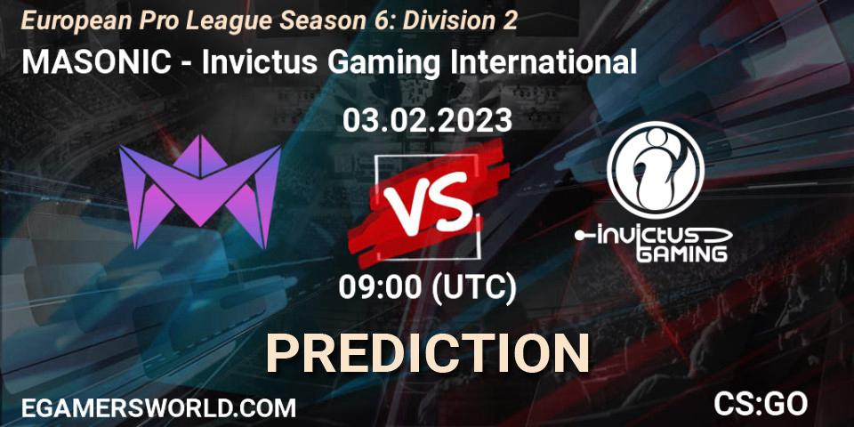 Prognose für das Spiel MASONIC VS Invictus Gaming International. 03.02.23. CS2 (CS:GO) - European Pro League Season 6: Division 2