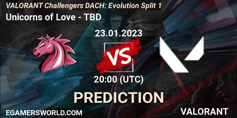 Prognose für das Spiel Unicorns of Love VS TBD. 23.01.2023 at 20:00. VALORANT - VALORANT Challengers 2023 DACH: Evolution Split 1